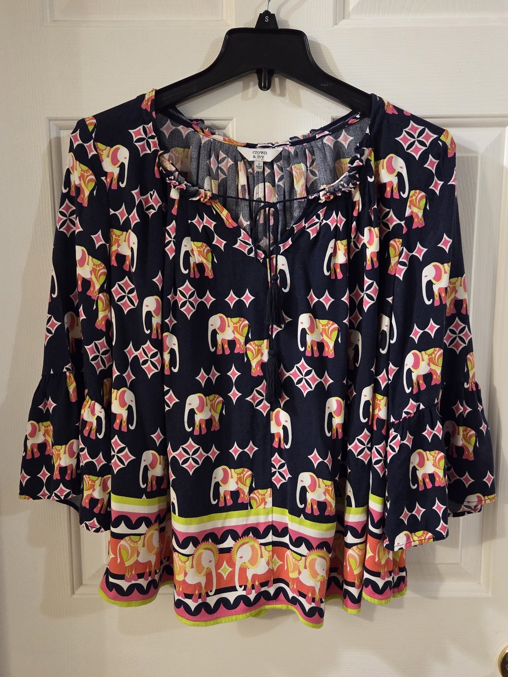 crown & ivy Navy Elephant Print Peasant Blouse